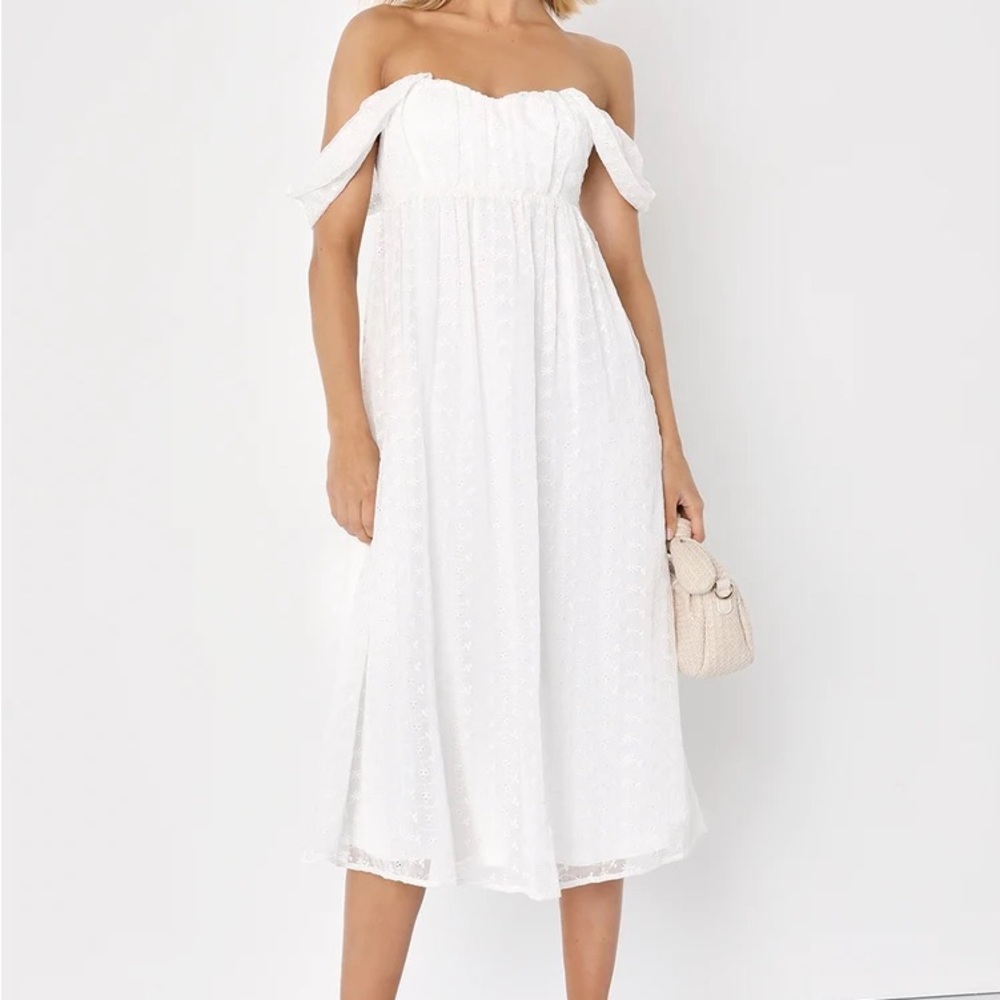 Lulu’s White Eyelet Embroidered Off-The-Shoulder Dress